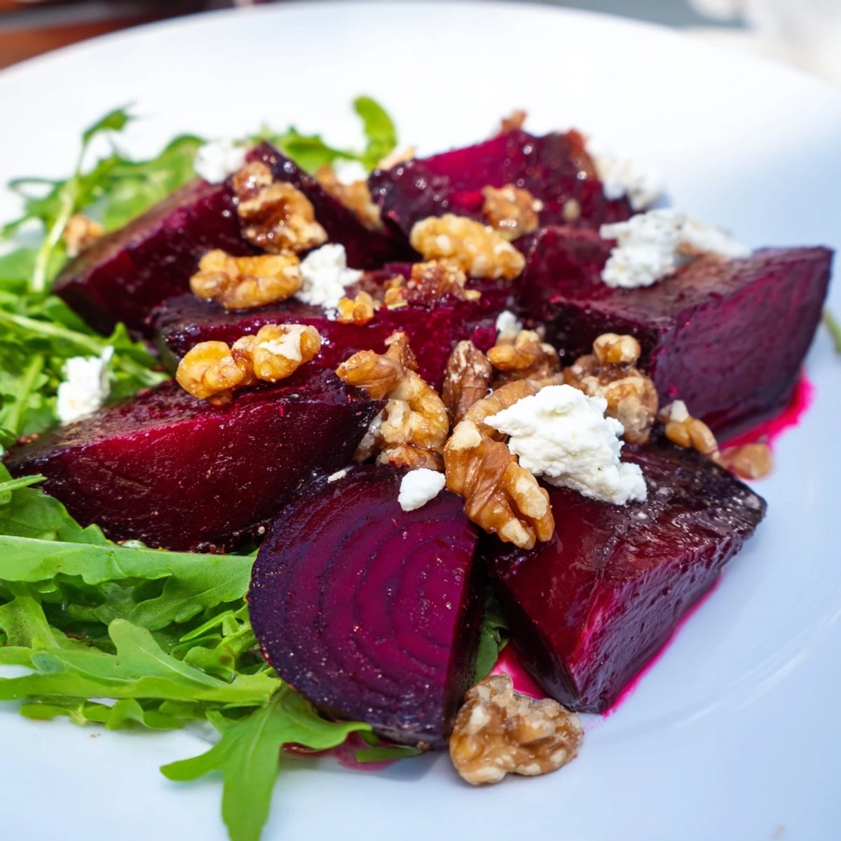 Vibrant Roasted Beet Walnut Salad, a beautiful arrangement of beets, walnuts, and goat cheese, ready to eat.