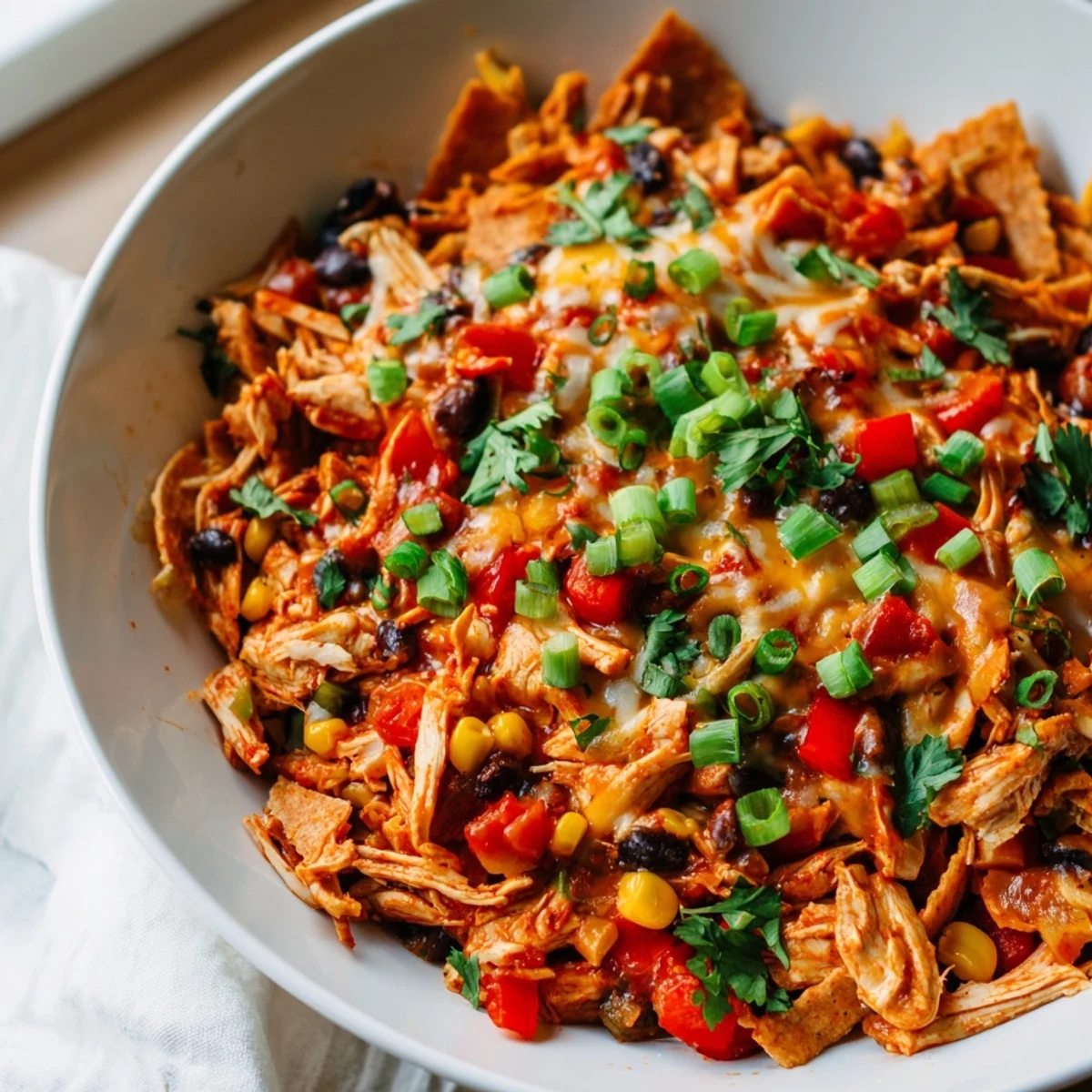 Warm Chicken Enchilada Skillet bubbling with melted cheese, vibrant peppers, tasty corn, and tender chicken.