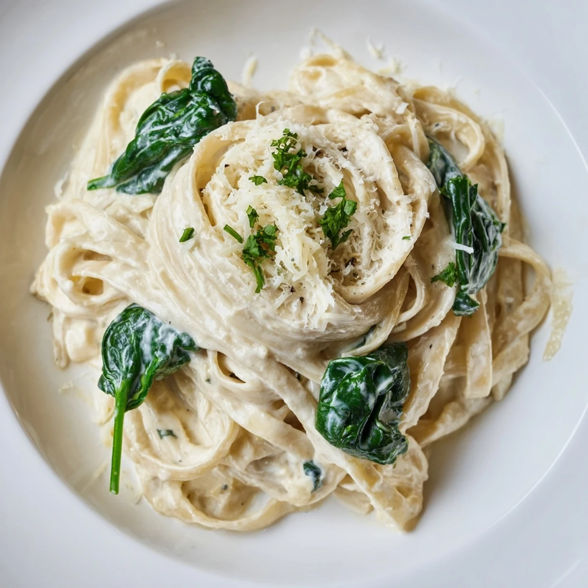 A glistening plate of Creamy Spinach Fettuccine Alfredo, a comforting Italian-American pasta dish.