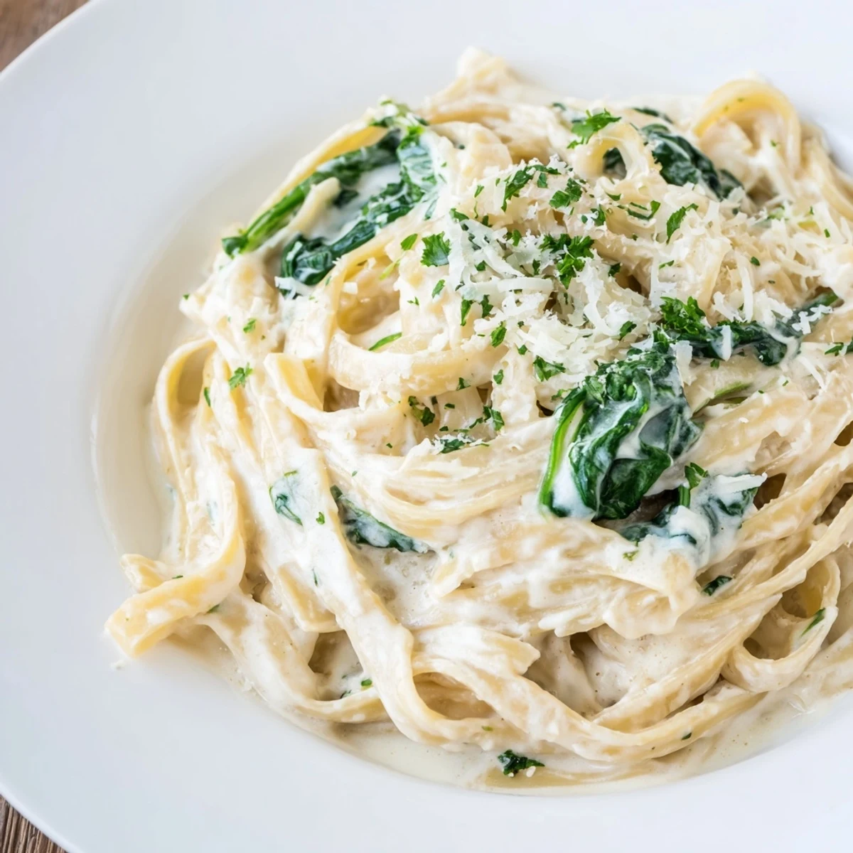 Garnish of parsley and Parmesan over Creamy Spinach Fettuccine Alfredo, perfect for a cozy dinner.
