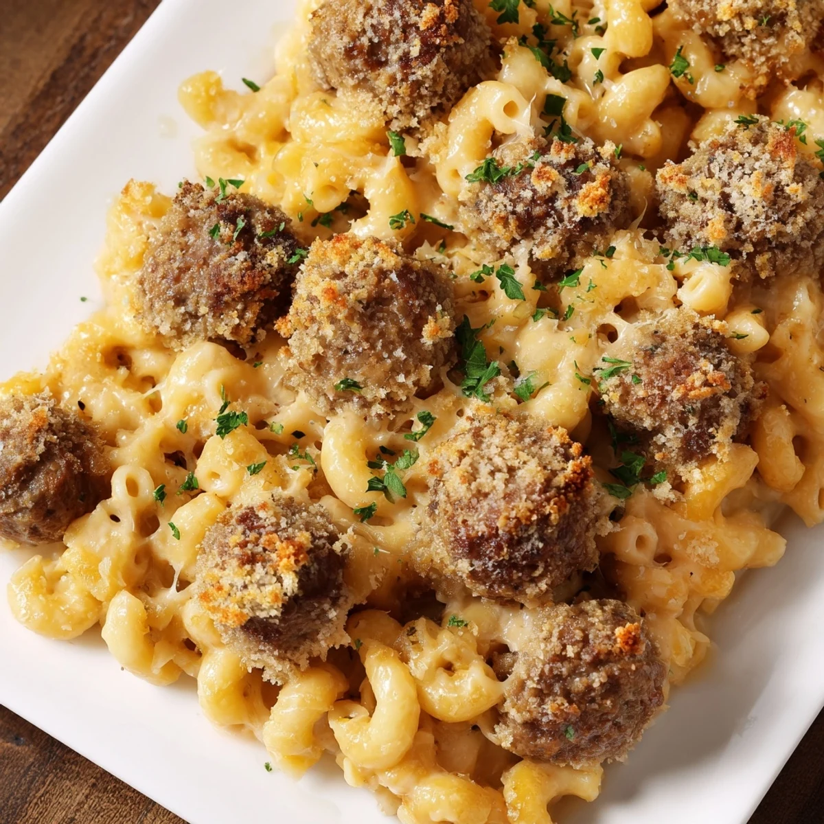 Golden-brown Mac & Cheese Meatball Bake, bubbling hot, a hearty American comfort food dinner.
