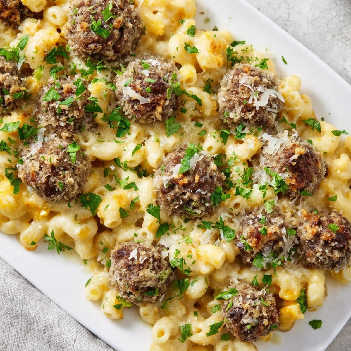 The baked Mac & Cheese Meatball Bake, topped with crispy breadcrumbs and melted cheese, irresistible texture.