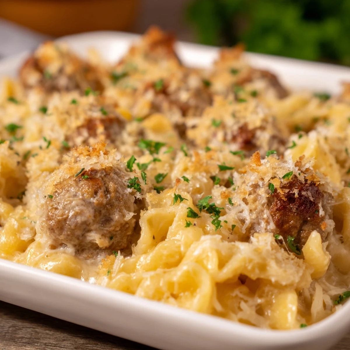 A close-up of a cheesy Mac & Cheese Meatball Bake; pasta, meatballs, and creamy sauce, delicious flavors.