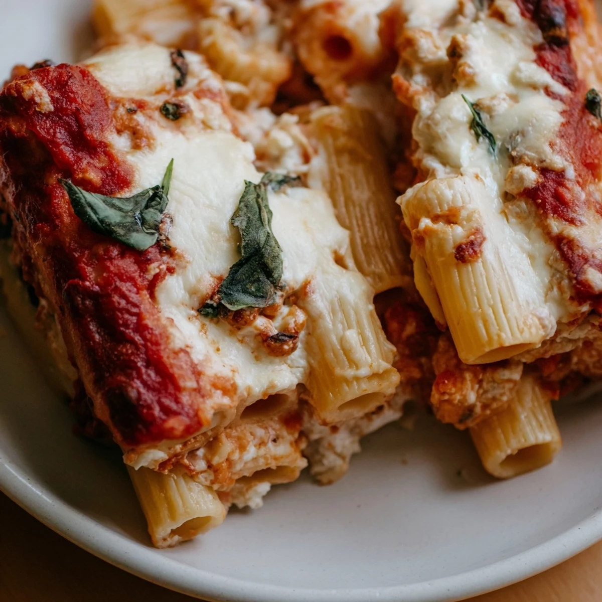 Steaming hot Cheesy Baked Ziti, a bubbling casserole with melted mozzarella and rich marinara.