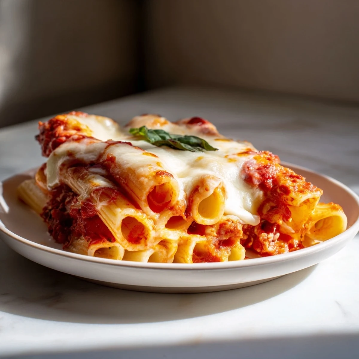 A close-up shot of baked ziti, showing layers of pasta, creamy ricotta, and melted cheese, so delicious.