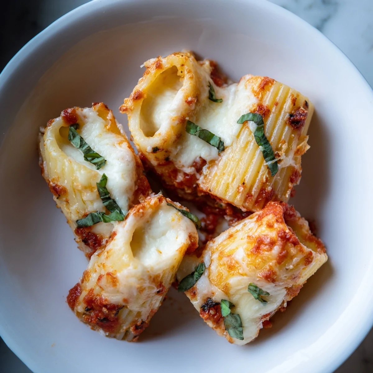Golden-brown baked Four Cheese Pasta, with melted mozzarella and rich ricotta, perfect for a family dinner.