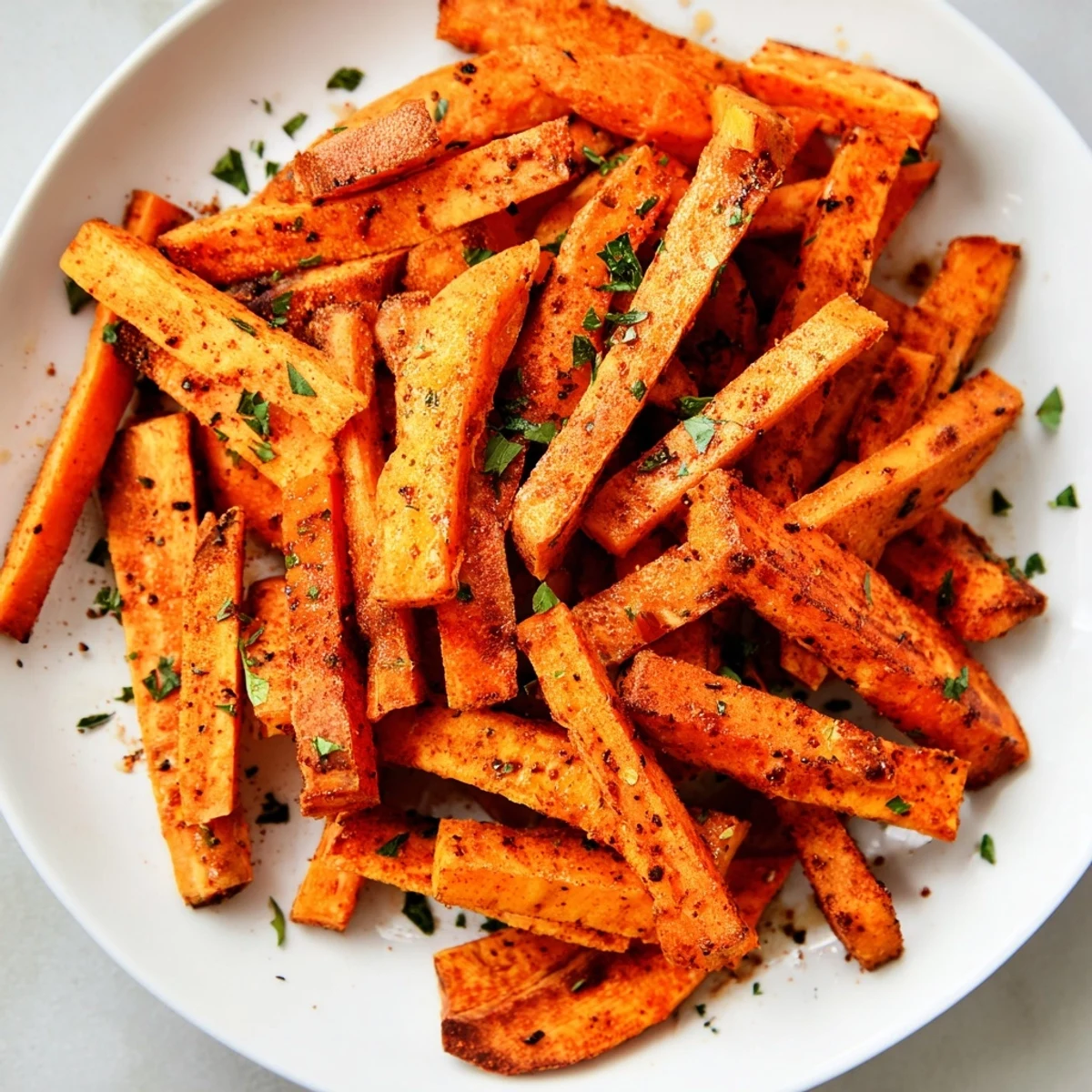 Close-up of crispy Cajun Spiced Sweet Potato Fries, seasoned with herbs, a vegetarian-friendly side dish.