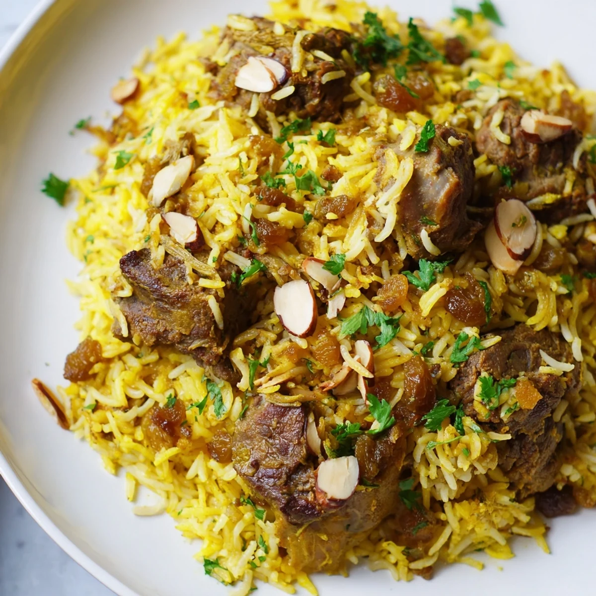Golden raisins and toasted almonds crown a flavorful platter of Saudi Kabsa Rice.