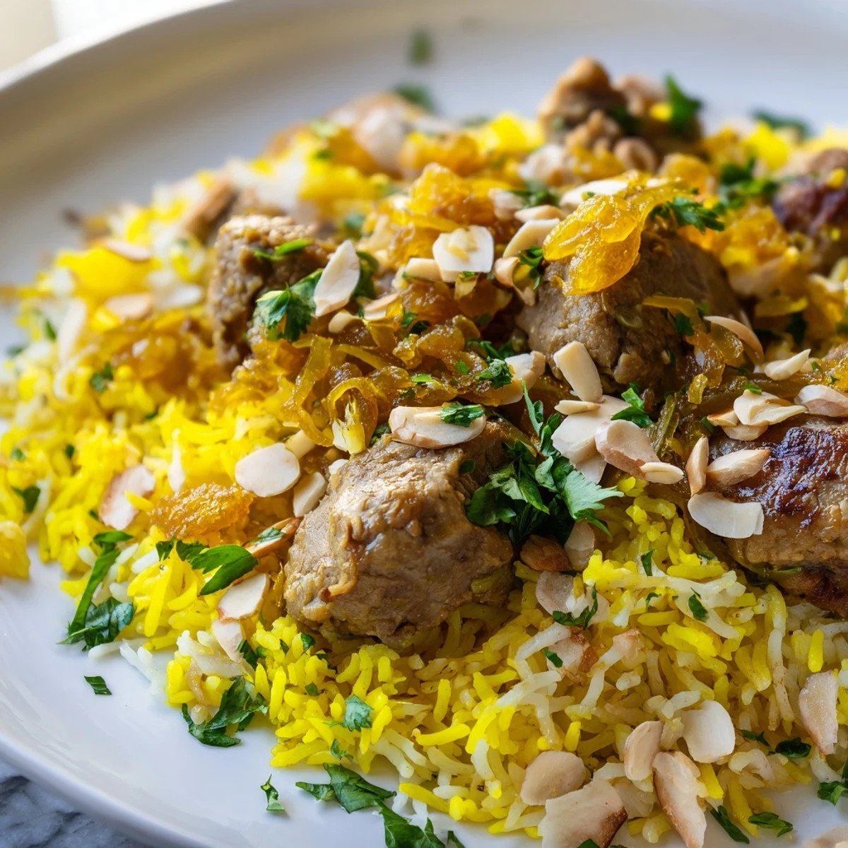 Fluffy, spiced Saudi Kabsa Rice features tender lamb, perfect for a celebratory Middle Eastern feast.