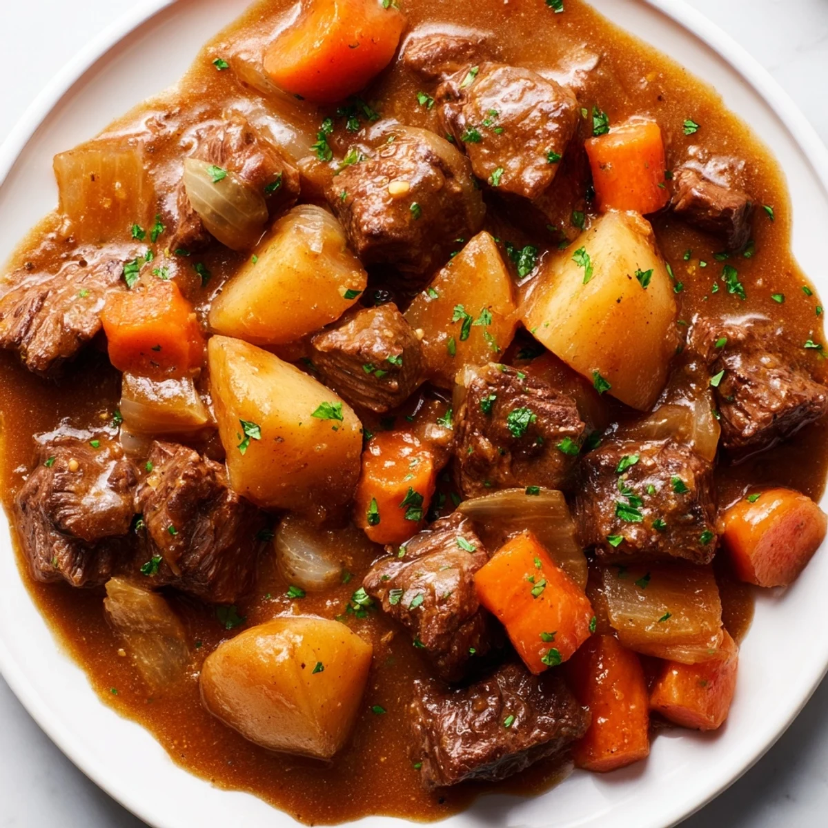A steaming bowl of Irish Beef Stew, thick and savory, with tender beef and root vegetables.