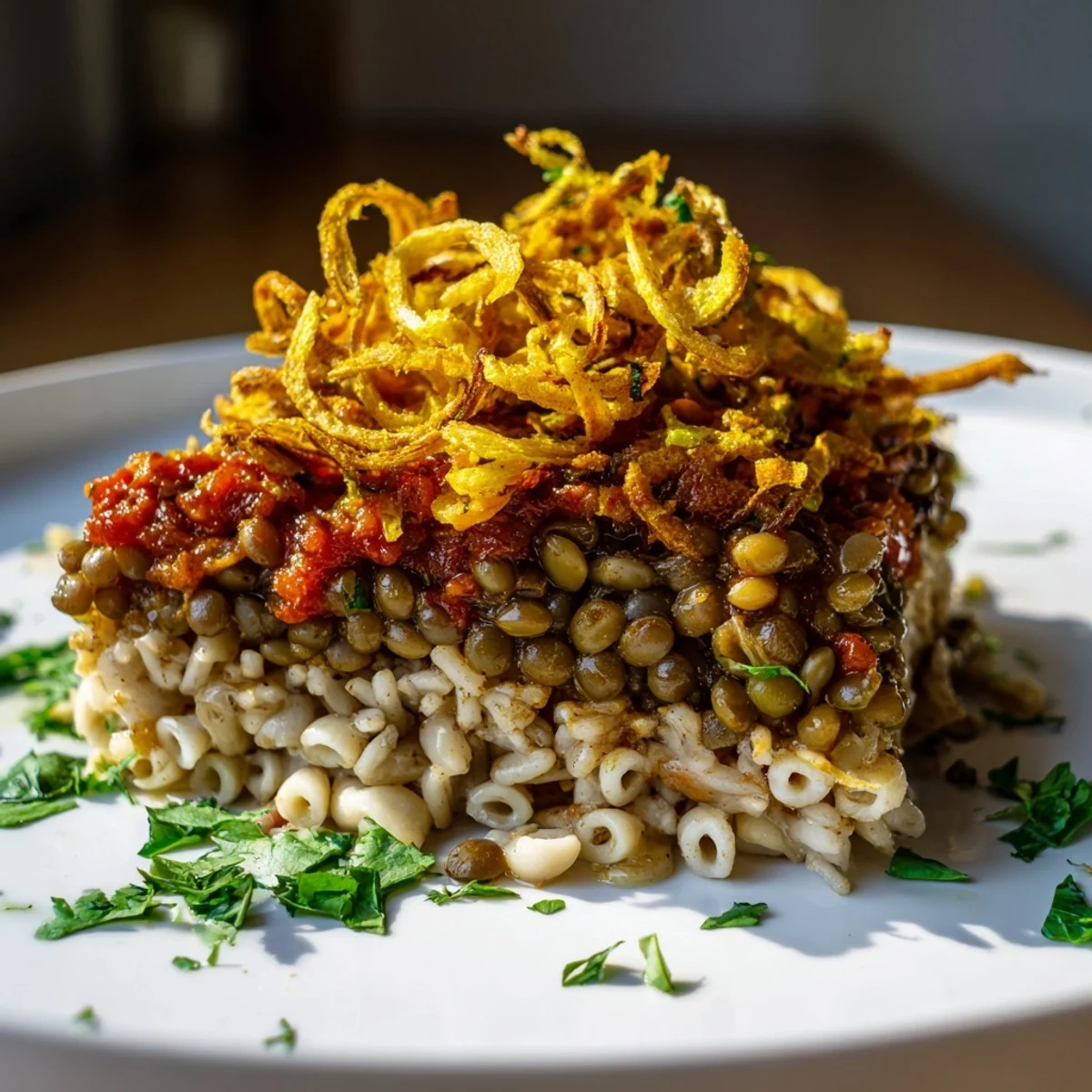 Savory Egyptian Koshari, a vibrant vegan dish featuring layers of lentils, pasta, and rich tomato sauce.
