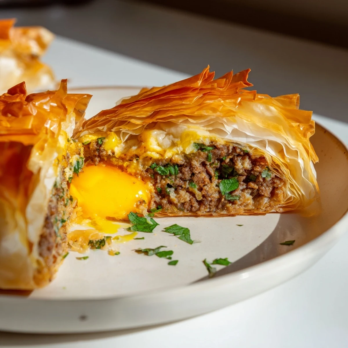 Golden, crispy Tunisian Brik pastry with a runny egg center ready to be served hot.