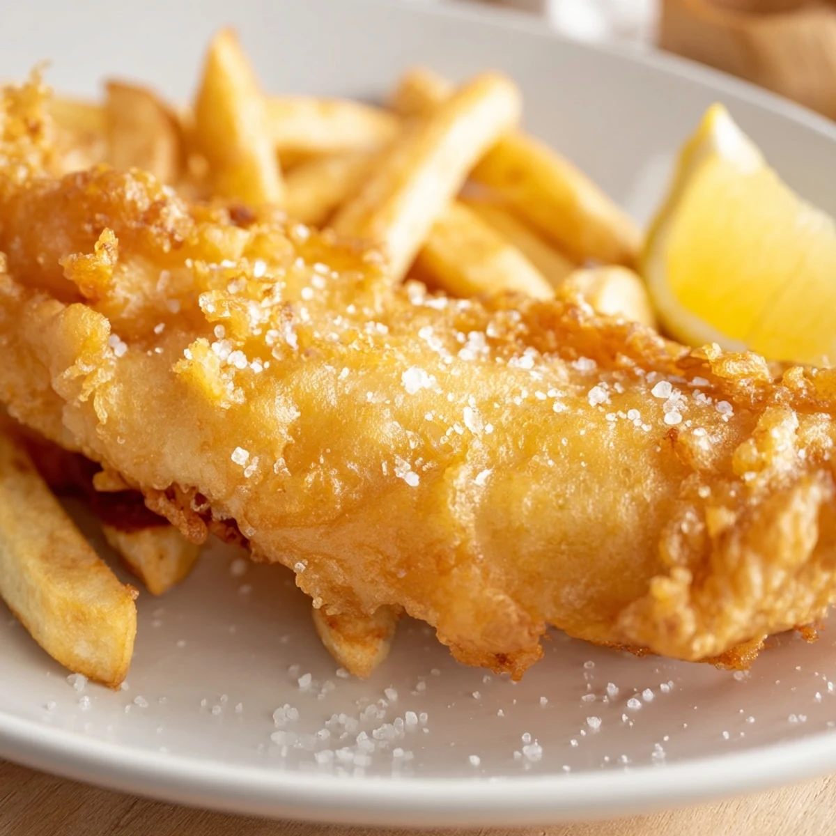 Golden-fried British fish and chips, a satisfying meal with crispy battered fish and thick chips.