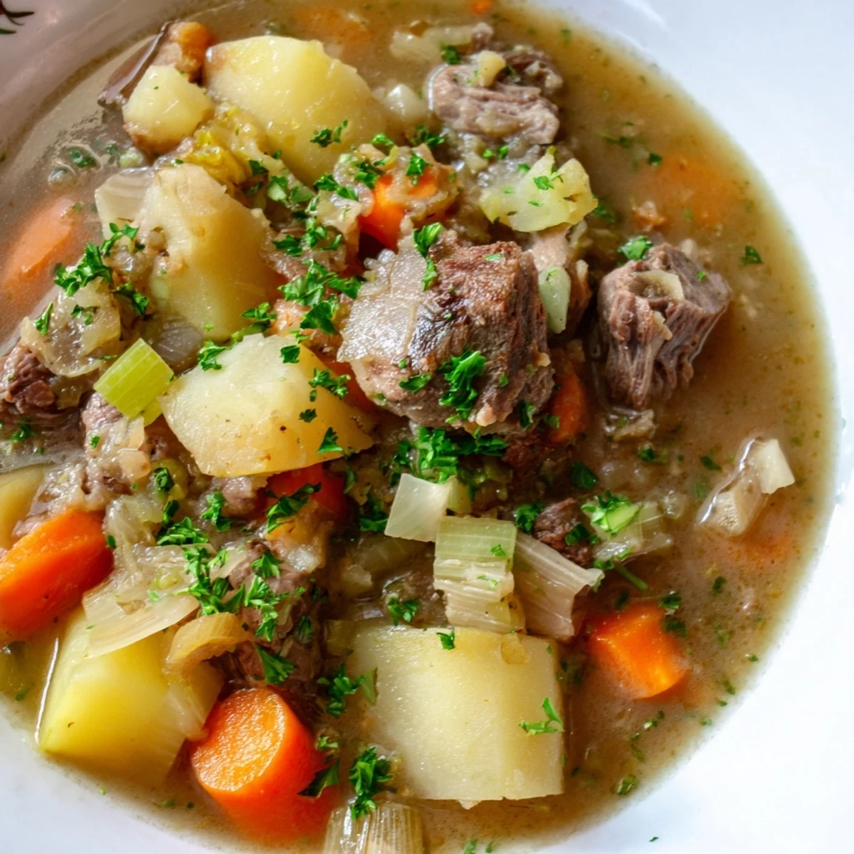 A comforting serving of Welsh Cawl, with flavorful lamb chunks, perfect for a cozy, cold evening.