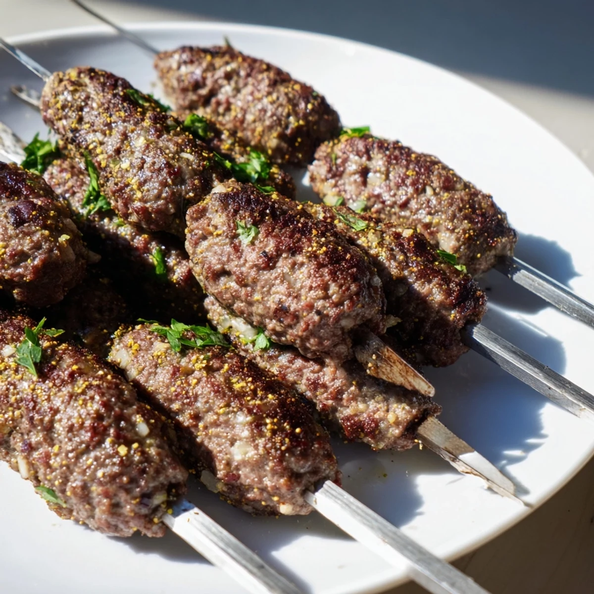 Smoky Iraqi Kebab Tikka skewers, browned and sizzling on the grill, ready to serve with fresh herbs.