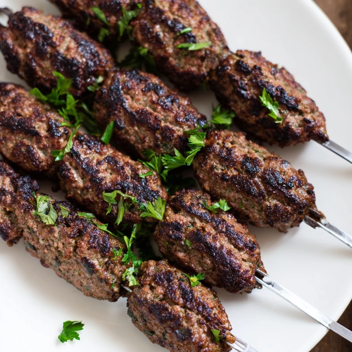 A close-up of grilled Iraqi Kebab Tikka, juicy and charred, served alongside fresh flatbread and lemon wedges.