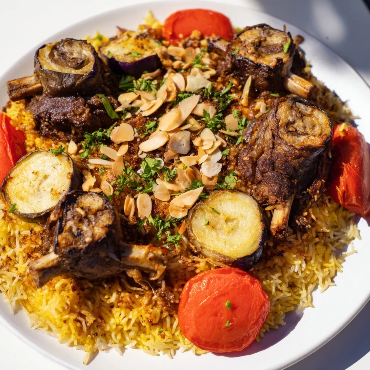 A beautifully flipped Palestinian Maqluba with tender lamb, rice, and golden roasted vegetables.