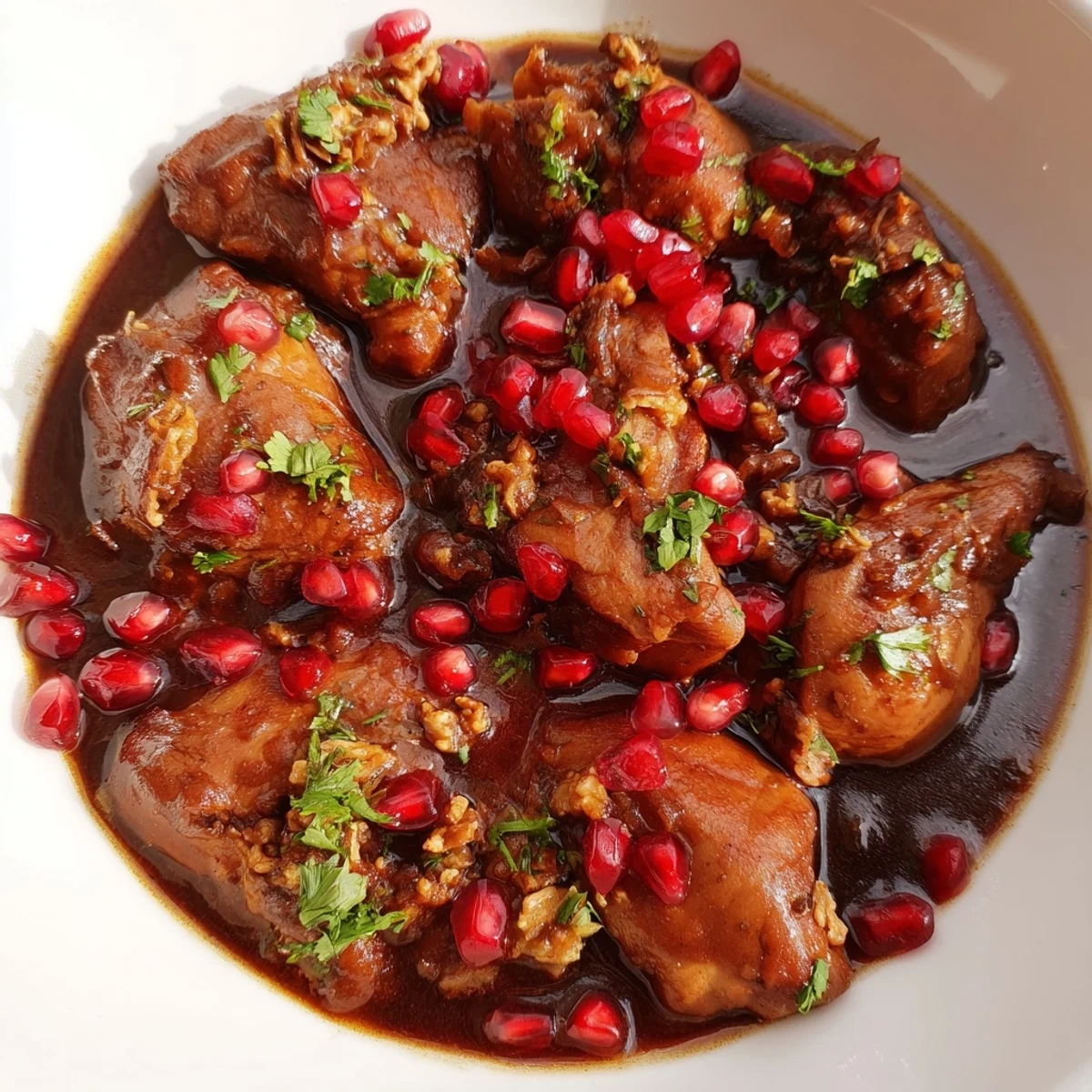 Golden-brown chicken pieces simmer in the rich sauce of Iranian Fesenjan stew.