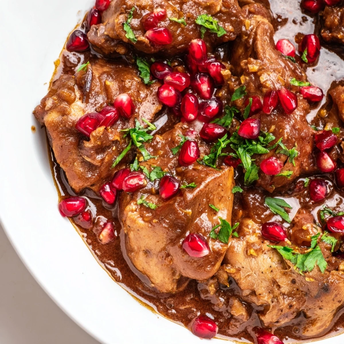 Garnished with parsley, the Iranian Fesenjan stew is a vibrant dish with nutty flavors.