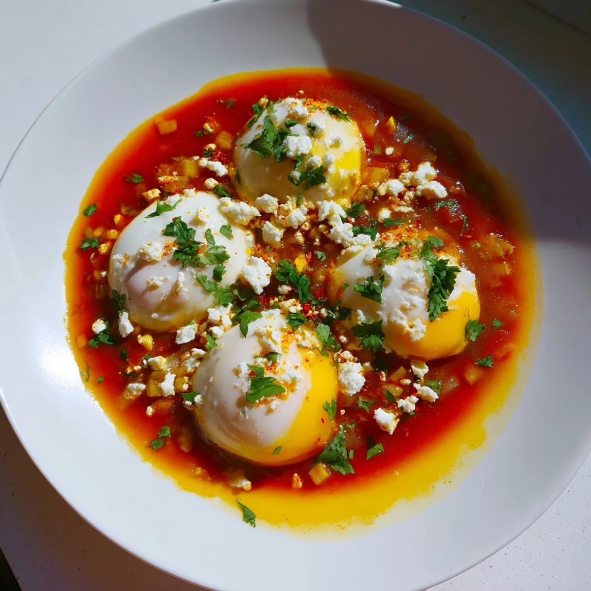 Israeli Shakshuka with runny yolks, a vibrant sauce, and fresh herbs adding aroma and color.