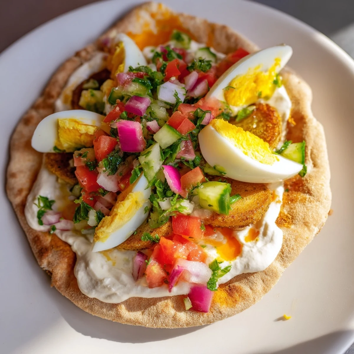 A close-up of Israeli Sabich, showing soft pita overflowing with vibrant Israeli salad.