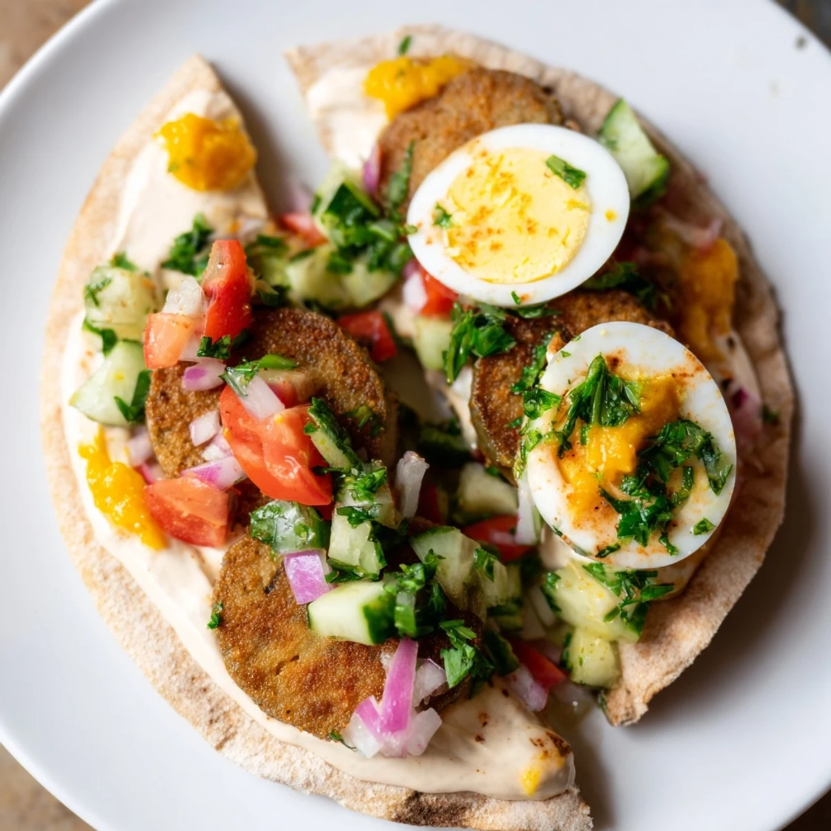 Warm pita pockets stuffed with golden fried eggplant and creamy tahini, the delicious Israeli Sabich.
