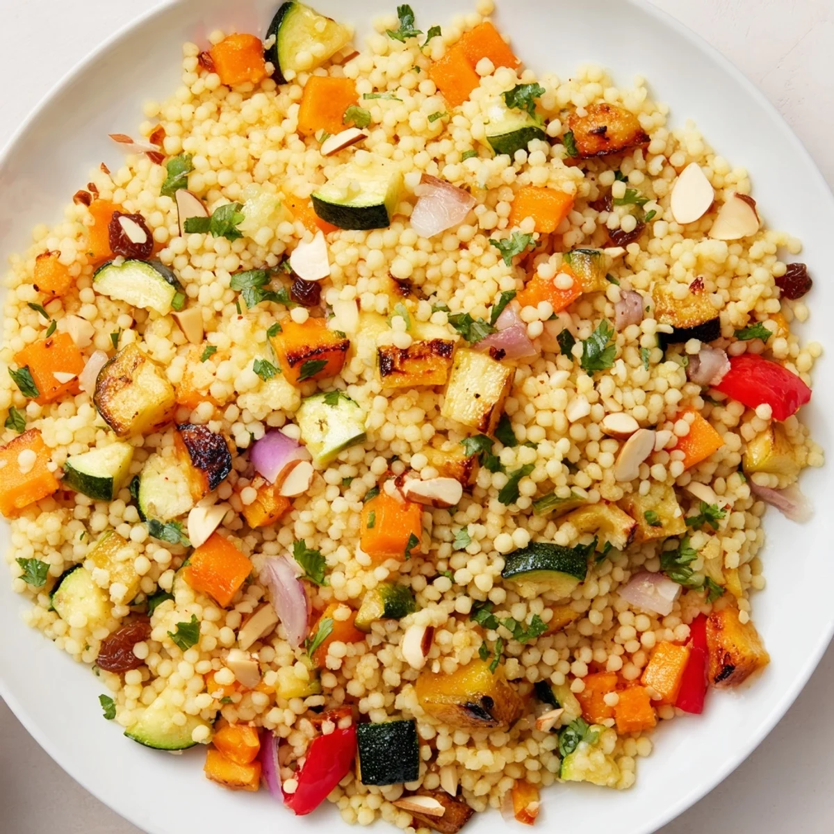 Fluffy Moroccan couscous salad with colorful roasted vegetables and fresh herbs, ready to serve.