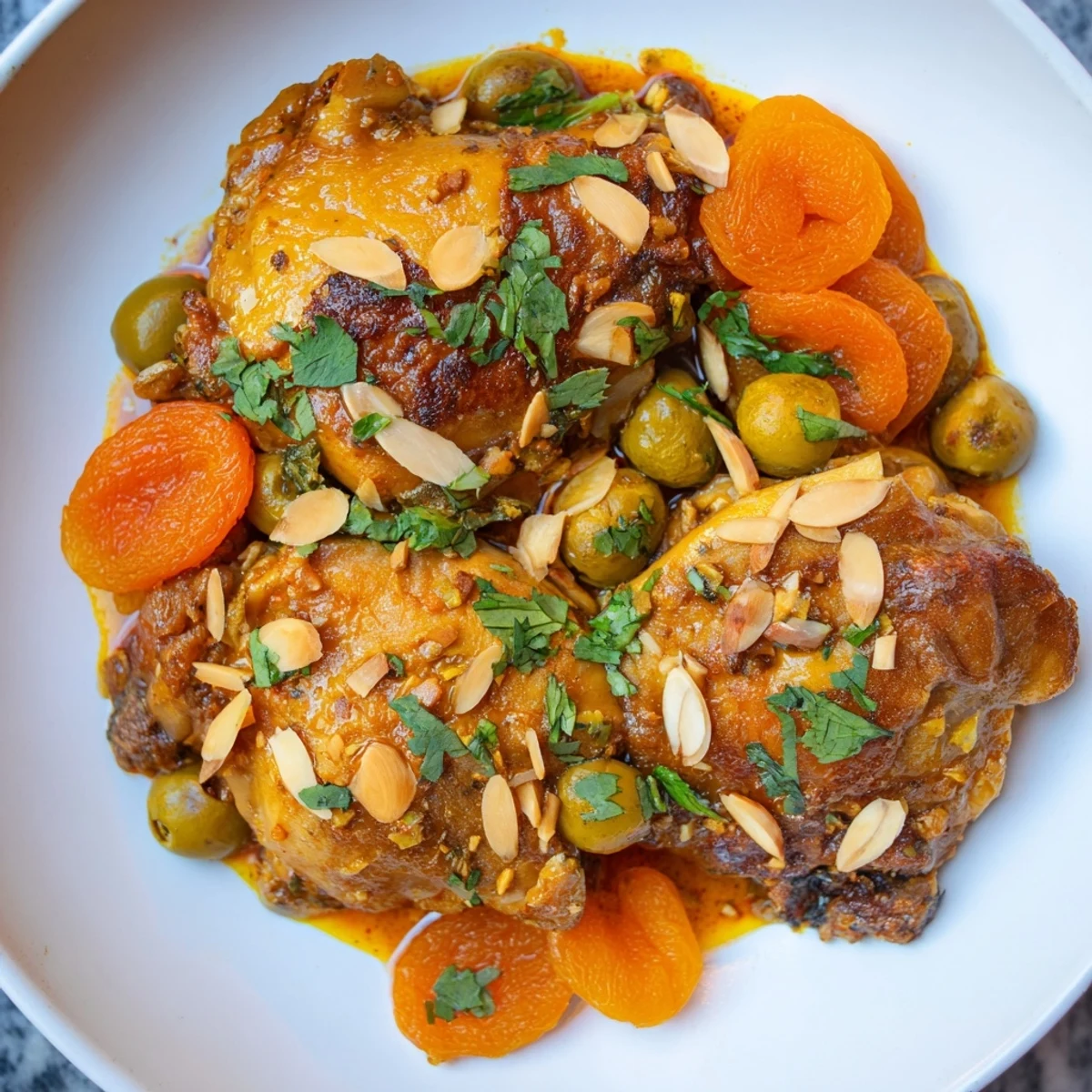 Tender Moroccan Tagine Chicken with apricots and olives, rich spices, ready for serving over couscous.