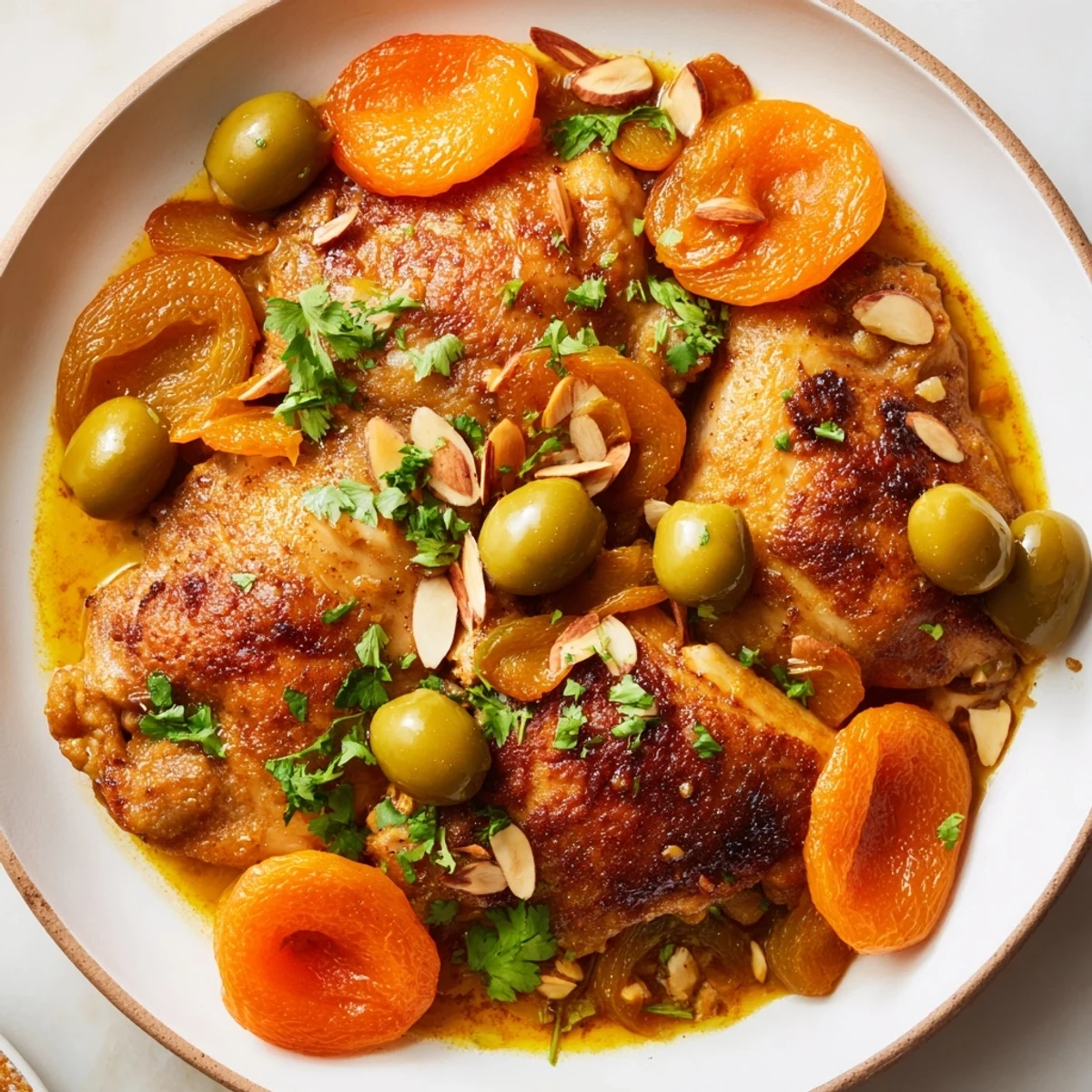Warm-toned photo: savory-sweet Moroccan Tagine Chicken with vibrant cilantro and toasted almonds on top.