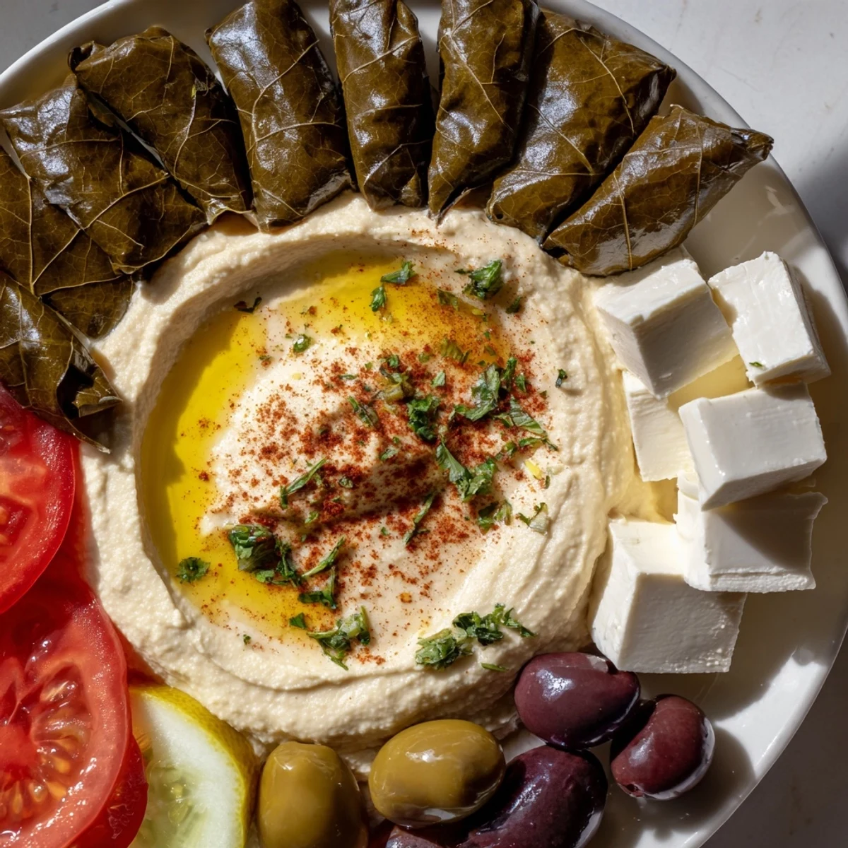 A beautiful Turkish Meze Platter overflowing with creamy hummus, cheeses, and olives, served with warm pita.
