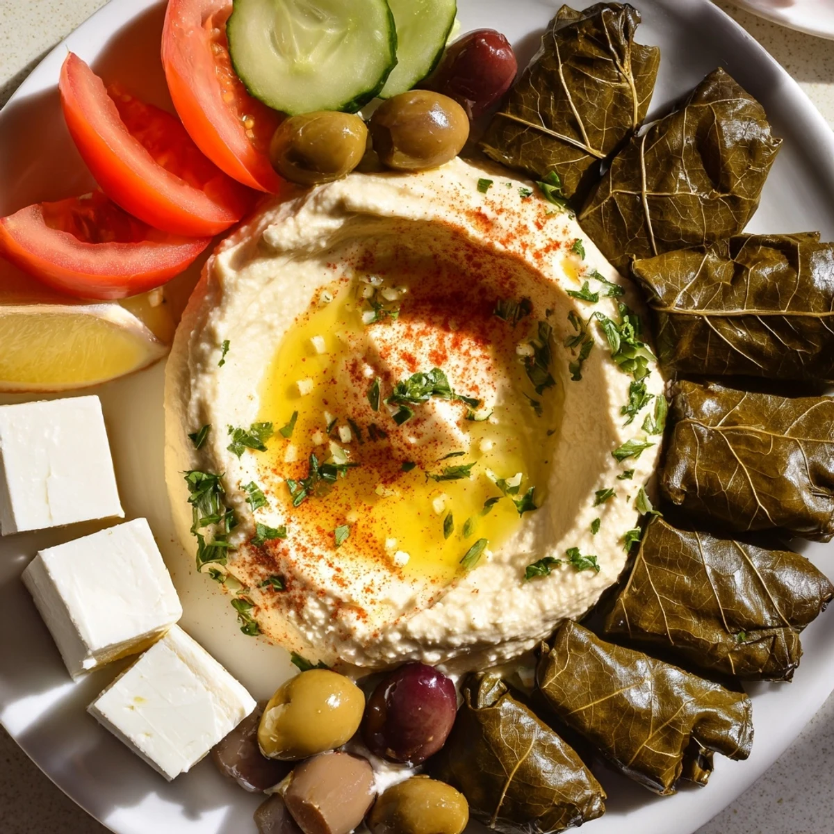 Bright photo of a Turkish Meze Platter showcasing feta, dolmas, and a generous assortment of flavorful offerings.