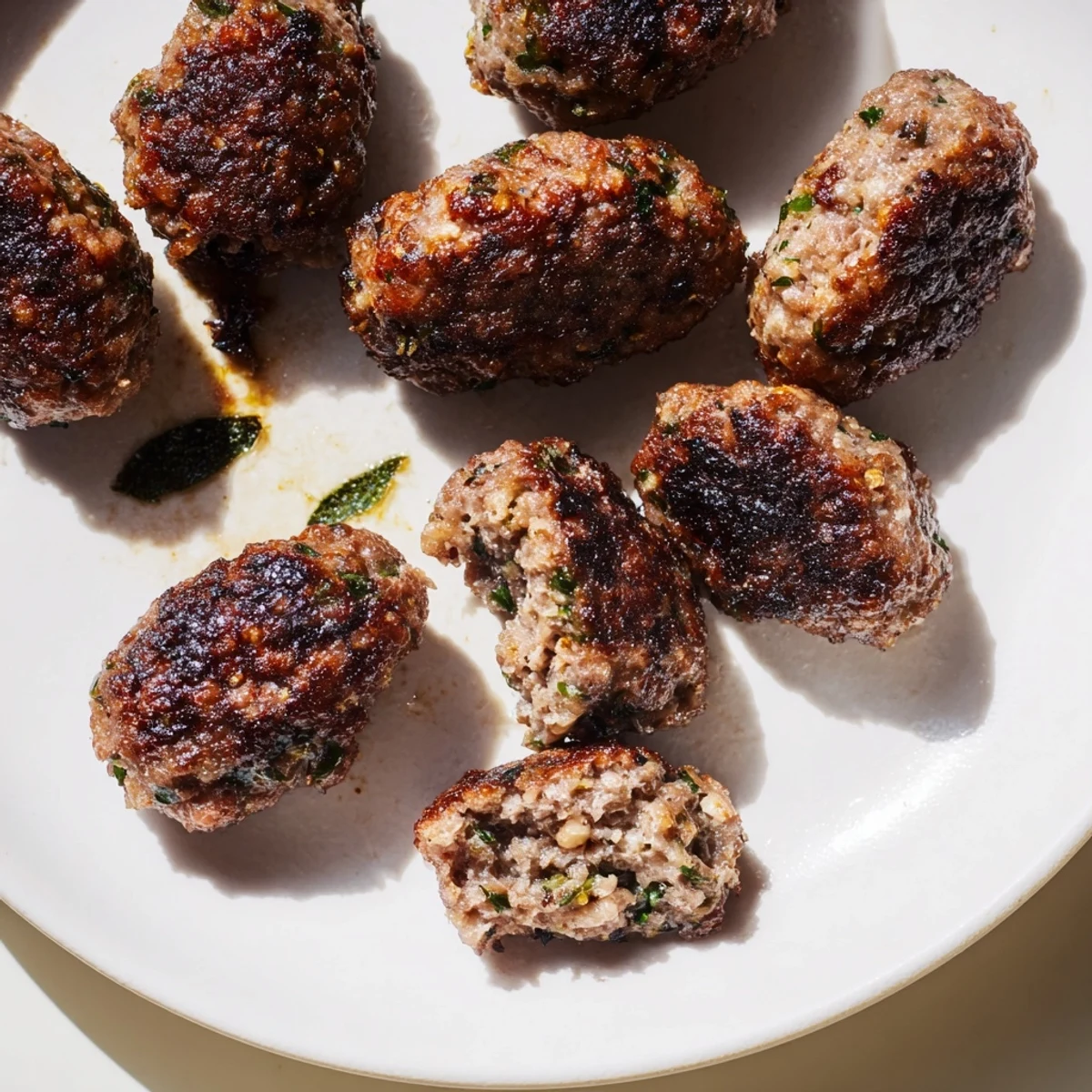 Golden-brown Turkish Köfte meatballs, pan-fried to perfection, are ready to serve with fresh herbs.