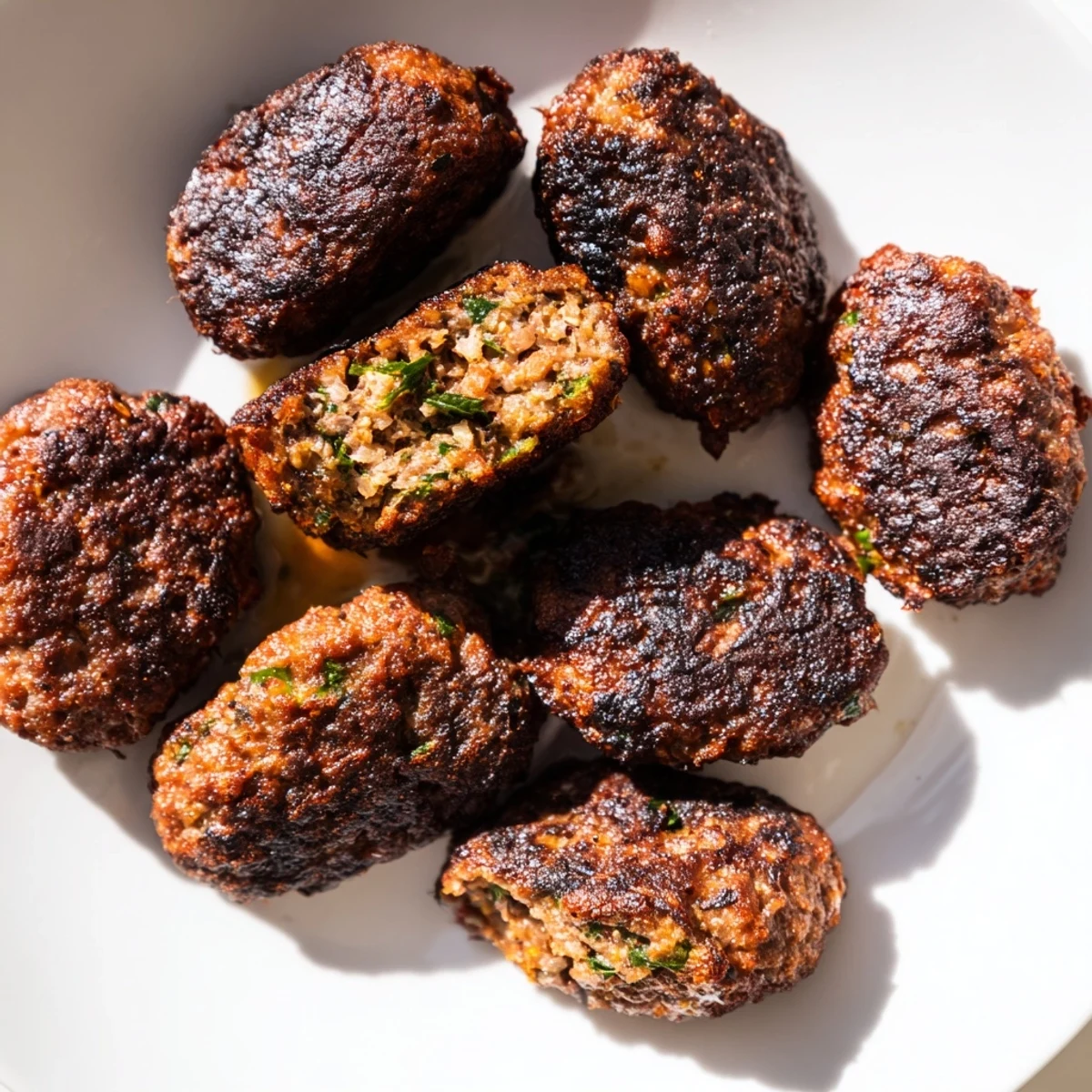 A plate of juicy Turkish Köfte meatballs, grilled to a crispy exterior, alongside a vibrant salad.