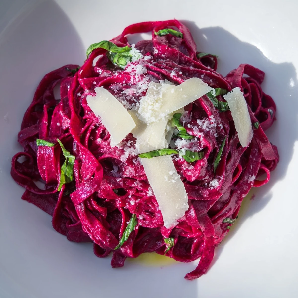 Roasted Beet Noodle Pasta with vibrant magenta color, ready to be tossed with herbs and cheese.