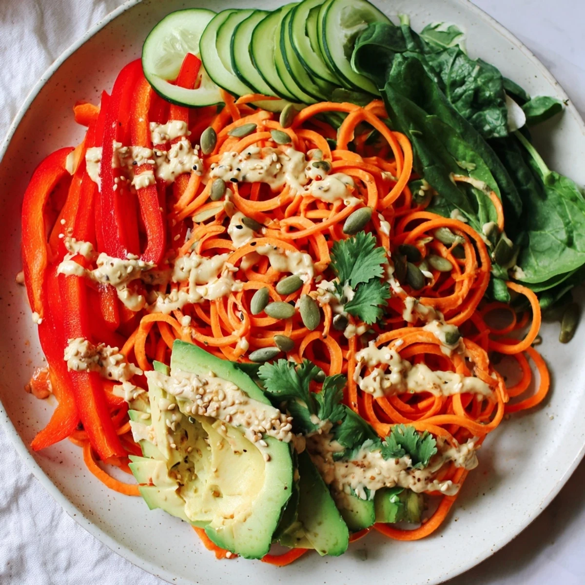 Fresh, colorful Carrot Noodle Skincare Bowl with bright vegetables and creamy avocado.