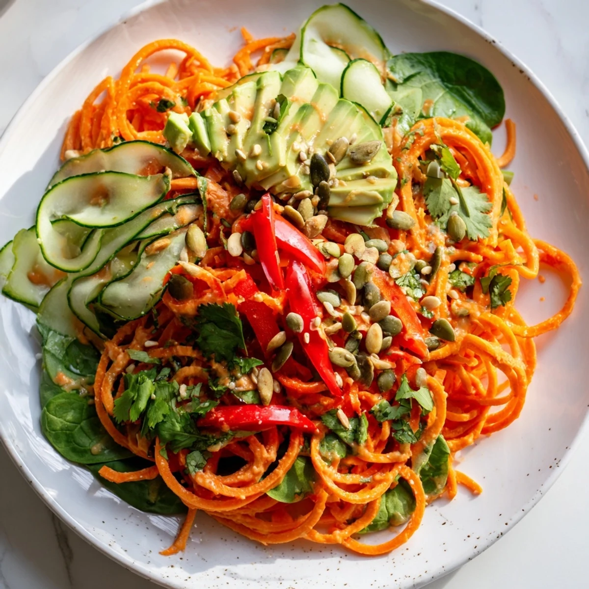 Vibrant image of a vegan Carrot Noodle Skincare Bowl, a beautiful and light lunch option.