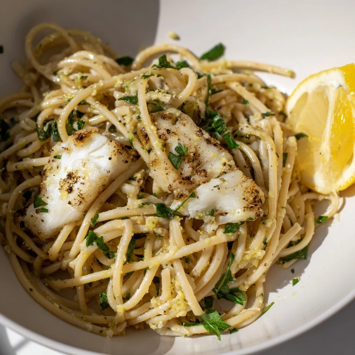 Golden, crispy flakes of fish tossed with fresh herbs in this zesty Crispy Fish Pasta.