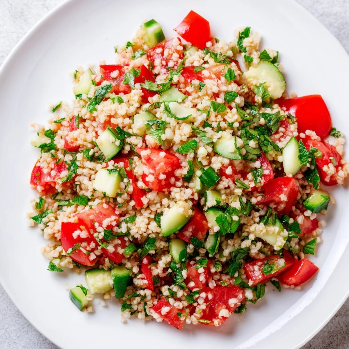 A close-up of vibrant Bulgur Wheat Salad Tabbouleh, bursting with fresh herbs and colorful vegetables.