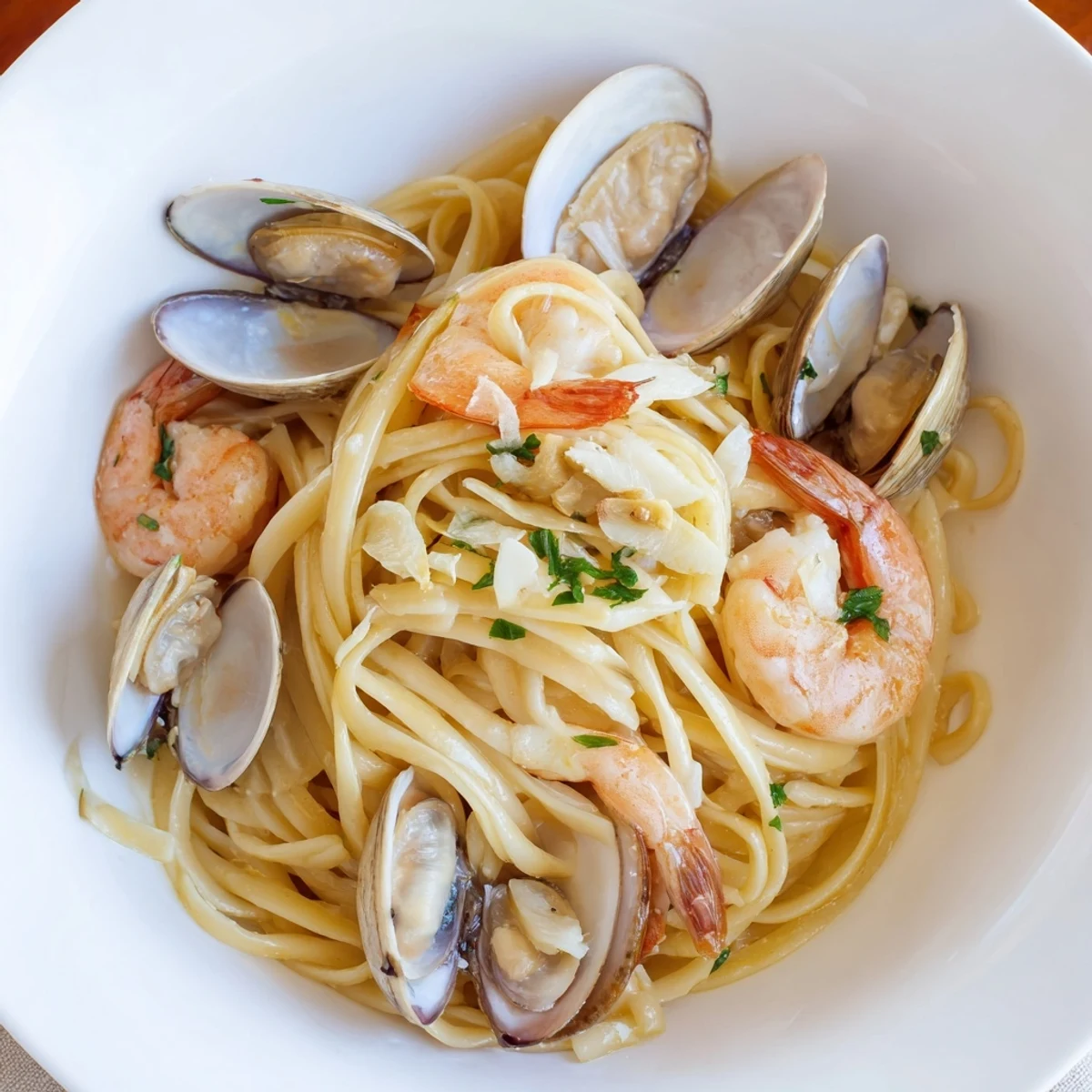Bright, flavorful Seafood Linguine showcasing tender shellfish and linguine in a white wine sauce, ready to serve!