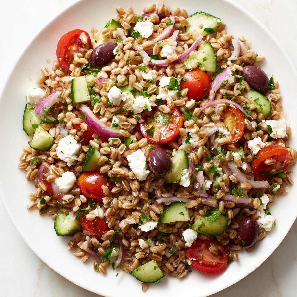 Savory Farro Salad Mediterranean, showcasing colorful tomatoes and cucumbers, perfect as a light vegetarian meal.
