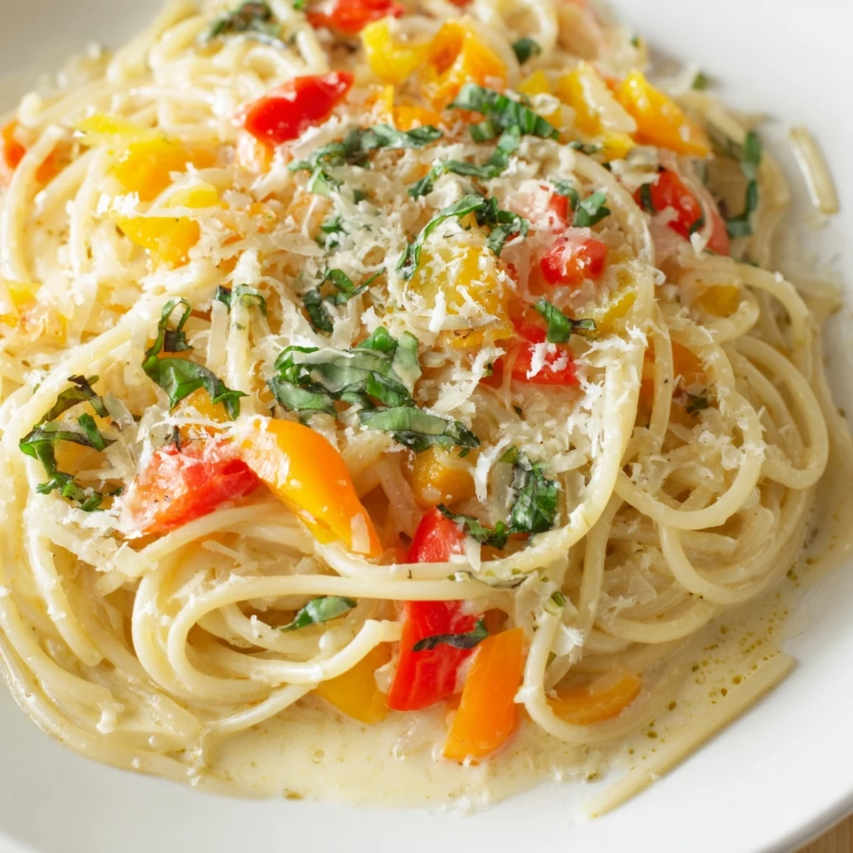 Creamy, vibrant roasted garlic pasta sauce drizzled with olive oil, ready for a comforting meal.