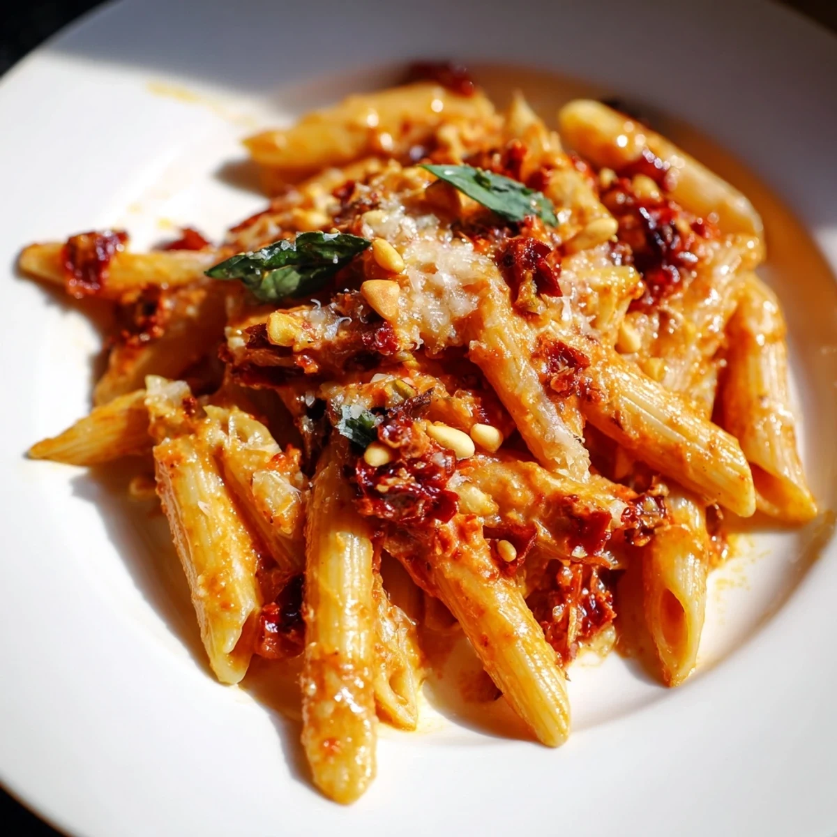 Vibrant bowl of Sun-Dried Tomato Pesto Pasta, ready to serve with fresh basil and Parmesan.