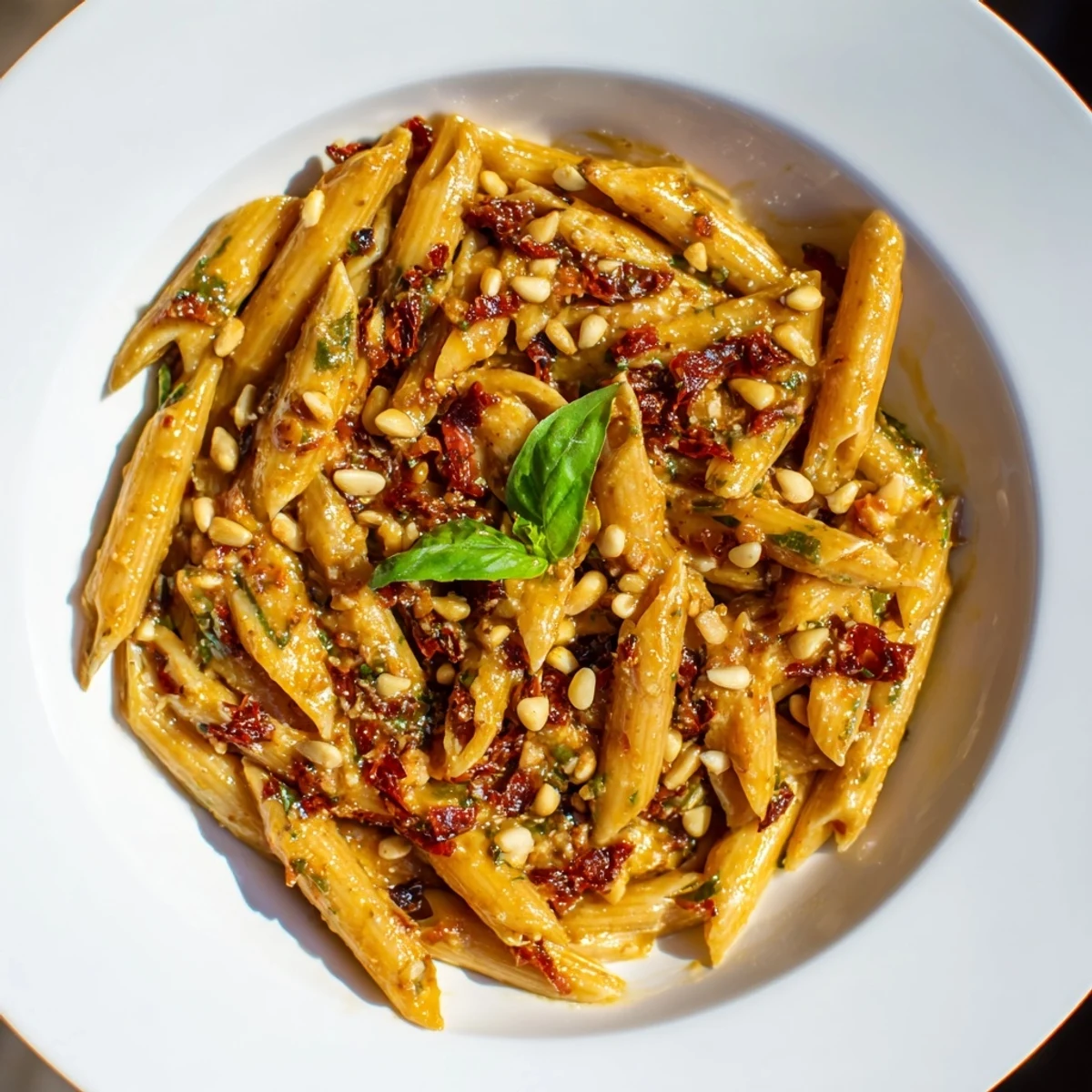 Creamy, flavorful Sun-Dried Tomato Pesto Pasta dish, with pasta glistening in a rich sauce.