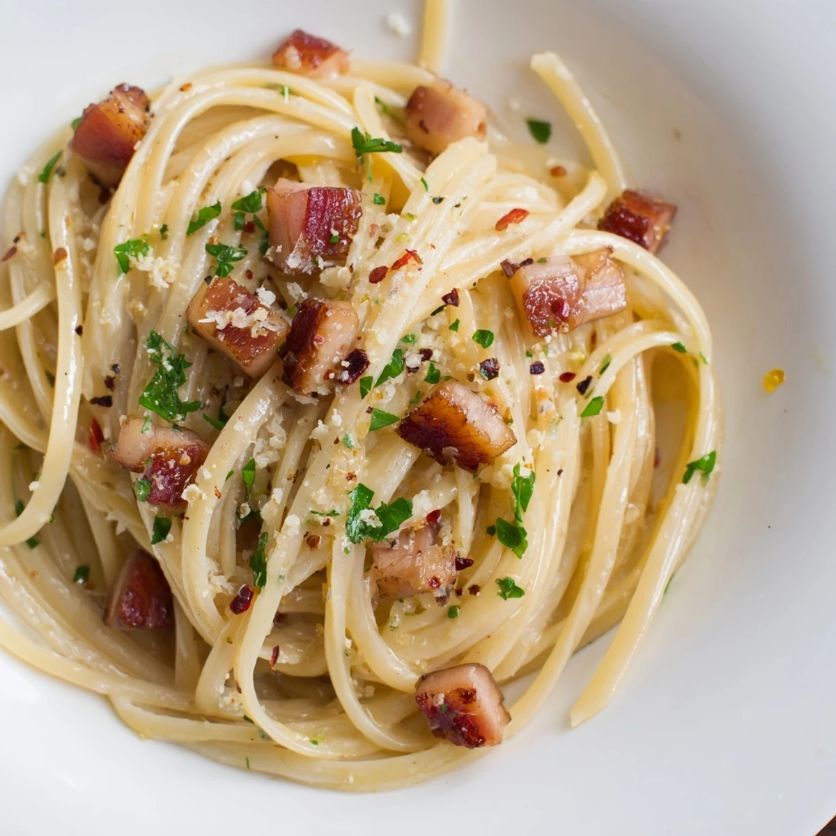 Golden, crispy bacon bits topping a delicious bowl of Crispy Bacon Linguine, ready to eat.