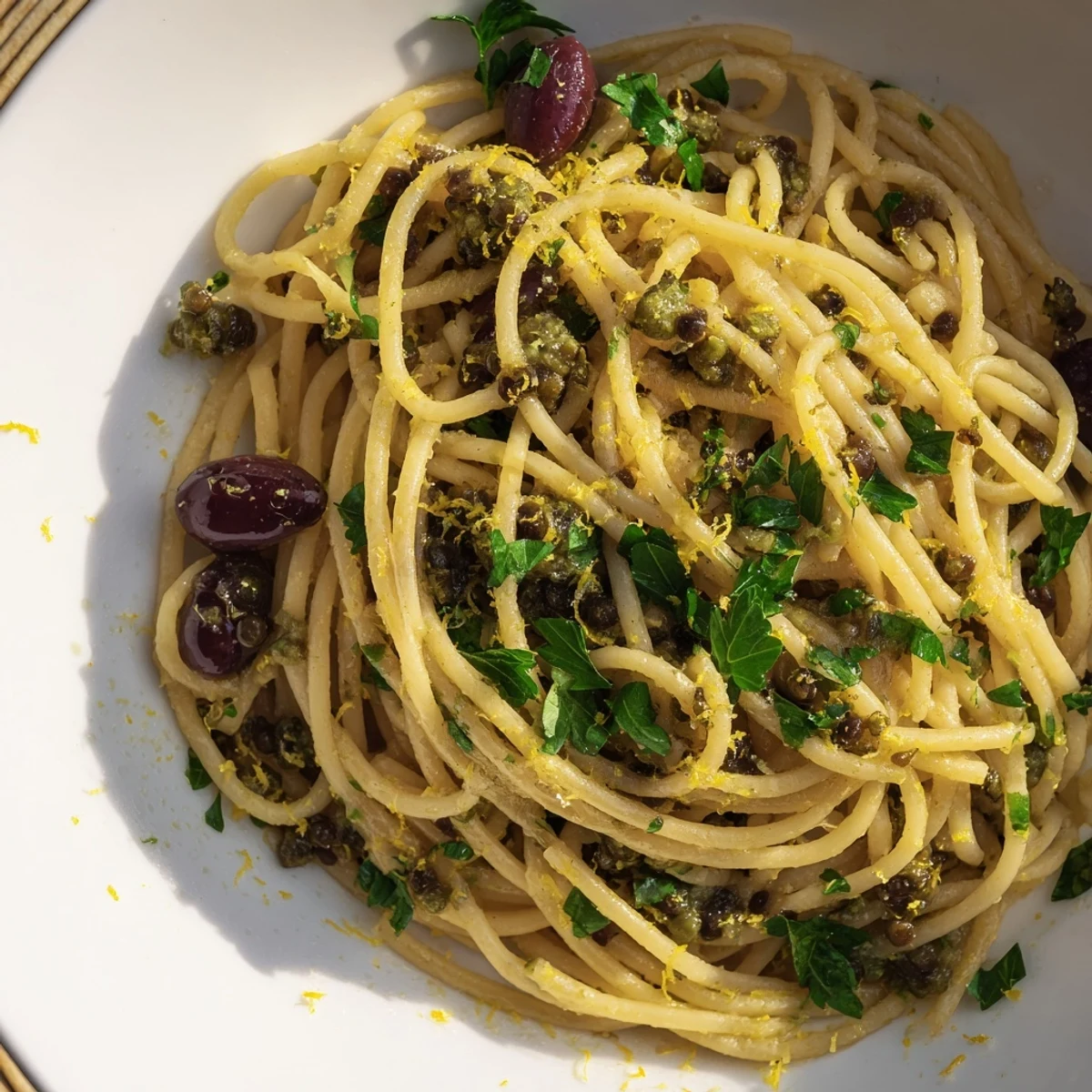 Bright image of Olive Tapenade Pasta, glistening with olive oil and fresh herbs, ready to serve.