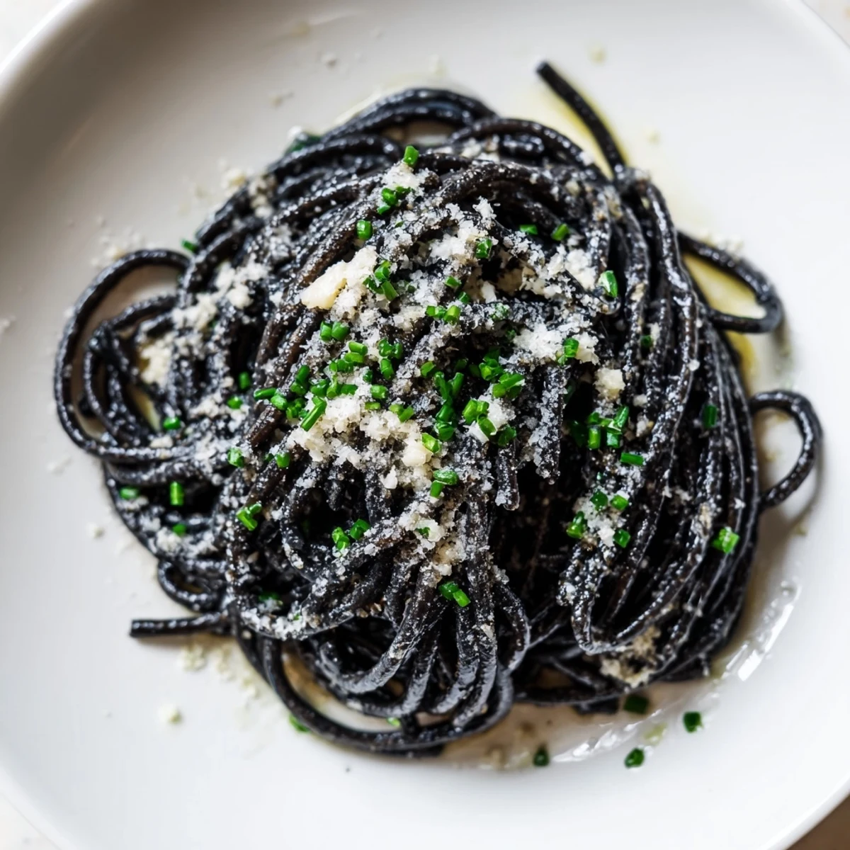 A close-up shot of rich, black squid ink pasta: a luxurious, Italian meal for your enjoyment.