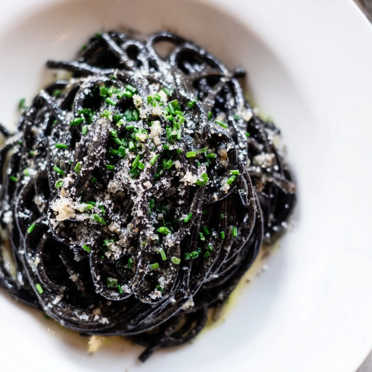 Elegantly plated squid ink pasta features a vibrant black hue against the rich, white cream sauce.