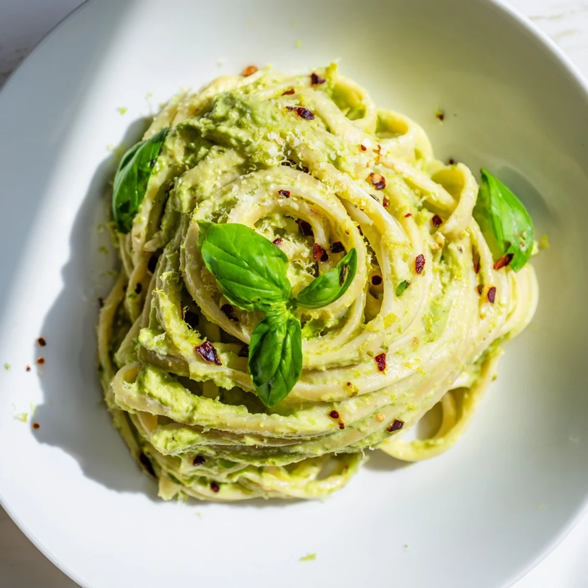 Delicious Smashed Avocado Pasta, featuring chunky avocado sauce, ready for a satisfying, simple dinner.