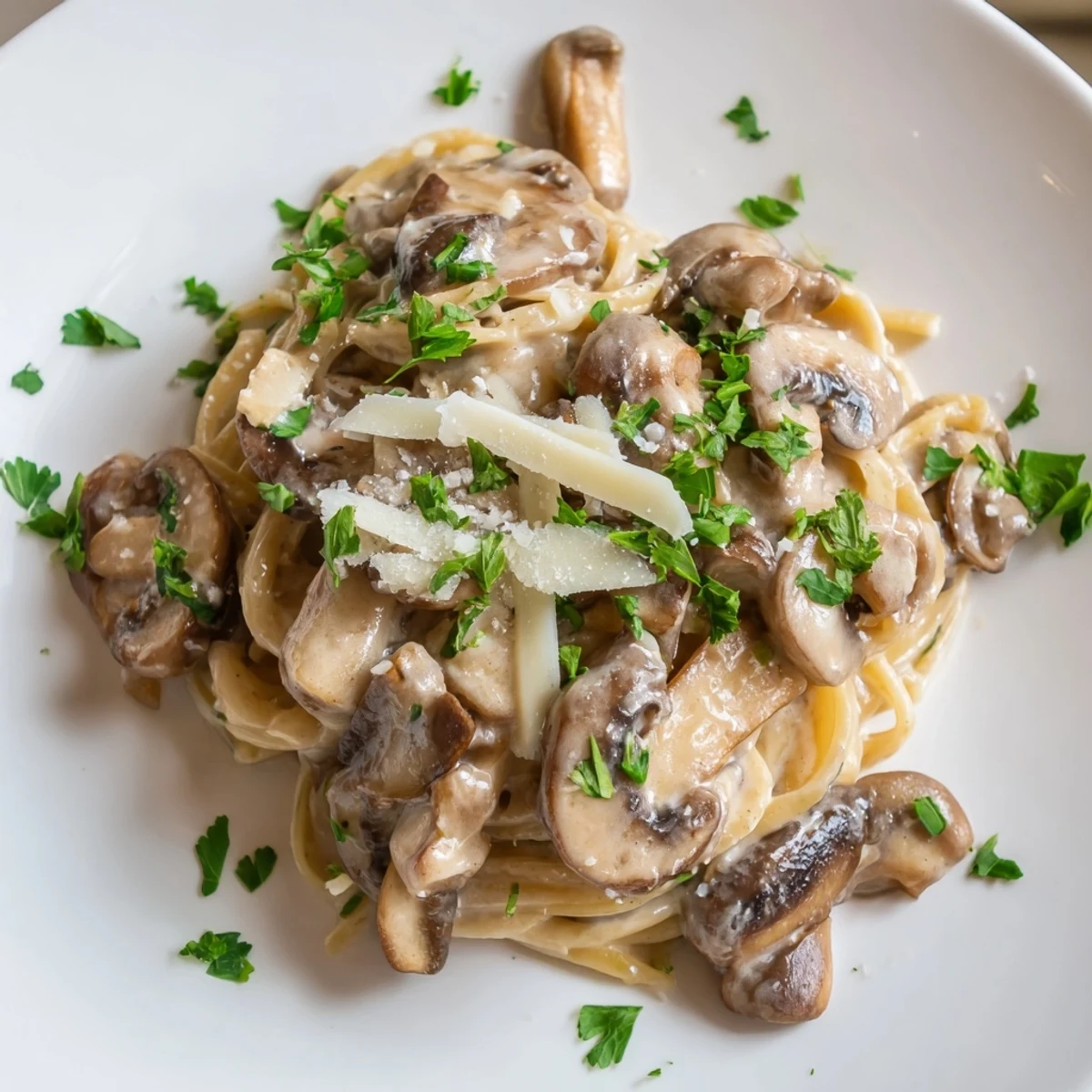 Scrumptious Creamy Mushroom Linguine, pasta beautifully coated in a rich, velvety mushroom sauce, ready to enjoy.