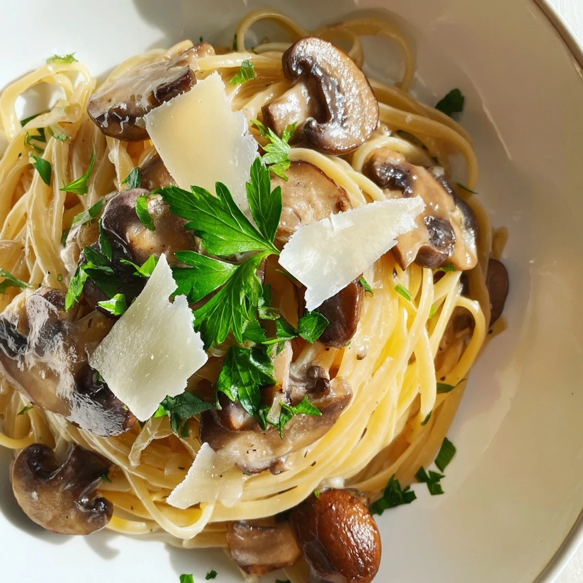 A steaming bowl of Creamy Mushroom Linguine, with glistening pasta and tender mushrooms, perfect for dinner.